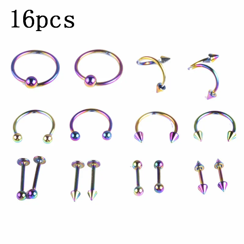 Multicolor 16pcs 110 шт набор акриловых пирсингов для пирсинга живота, бровей, тоуга, Лабрет, кольцо для сосков штанга, пирсинг, Набор Для Пирсинга Хряща, трагус, набор для пирсинга - Окраска металла: Multicolor 16pcs