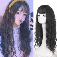 allaosify synthetic long curly wig with bangs pink blonde gray green water wave wigs for women suitable for lolita cosplay