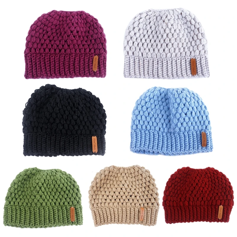 

Women Chunky Crochet Knit Stretch Beanie Hat Messy Bun Ponytail Holey Skull Cap