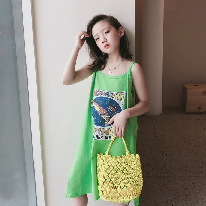 Vintage Kids Girls Dresses One piece Strap Dress Summer Printed Side Slit Braces 5 6 7 8 9 10 11 12 13 Years Clothes | Детская одежда и