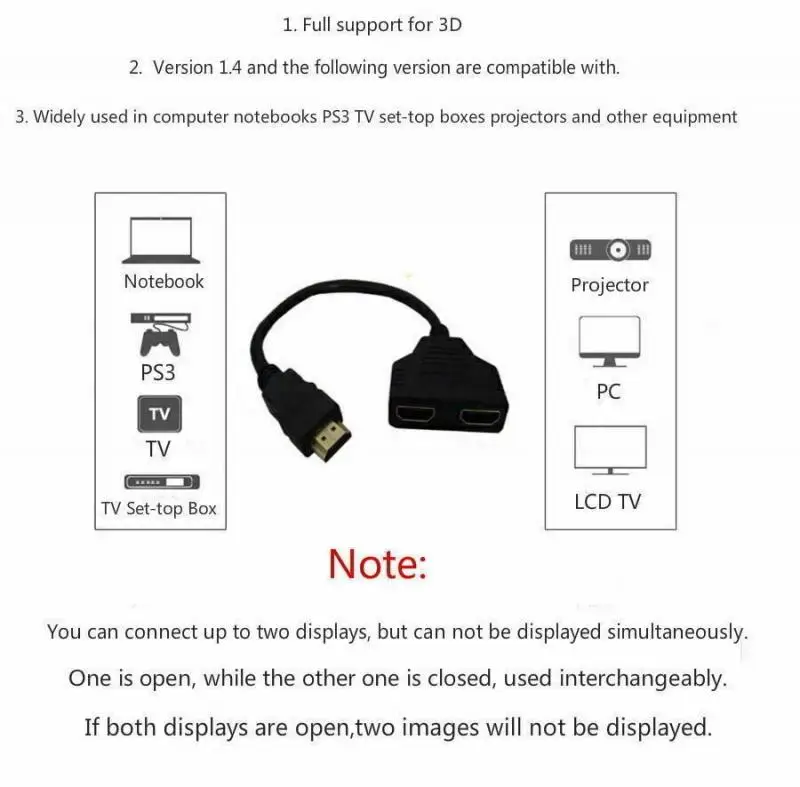 

HDMICable Splitter 1 Input Male To 2 Output Female Port Cable Adapter Converter 1080P For Games Videos Multimedia Devices