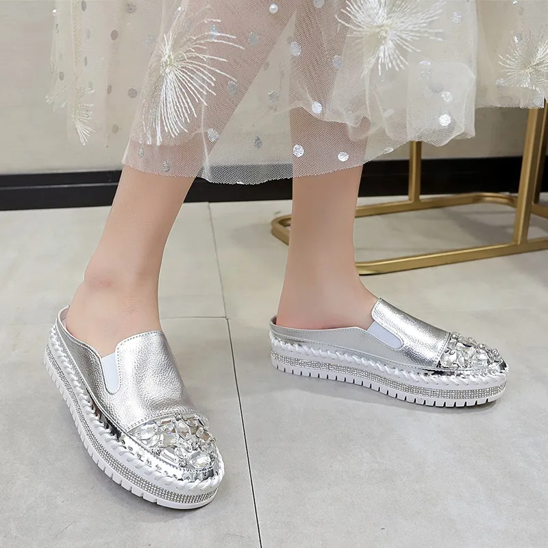 

Water Drill Round Toe Leather Flat Shoes Women's White Shirt Le Four Couple Platform Shoes Women's Sole Single Size 43 Adult