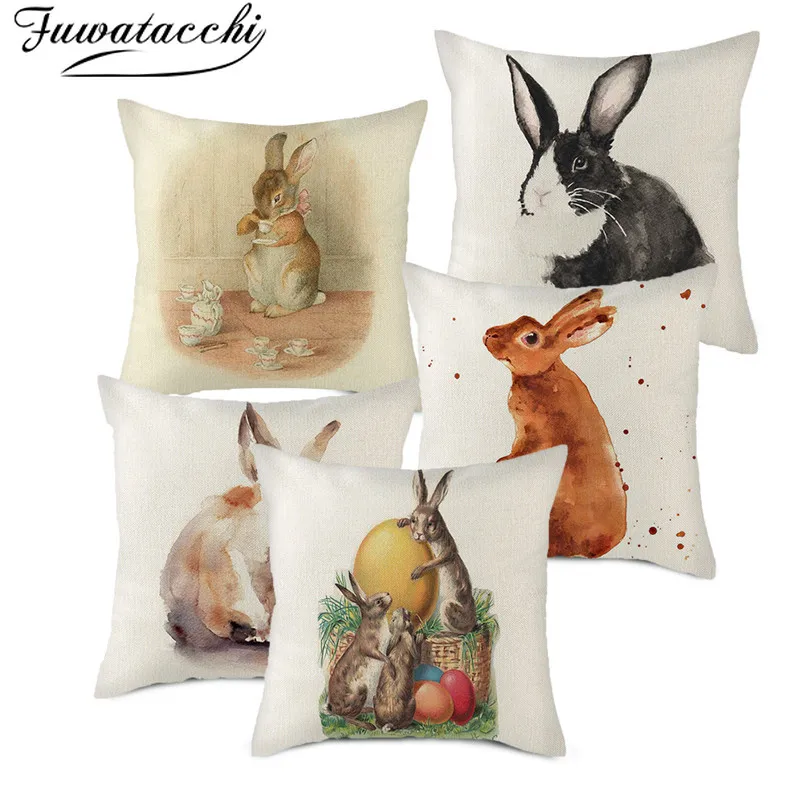 Чехол для подушки Fuwatacchi из чистого льна наволочка с серым рисунком кролика