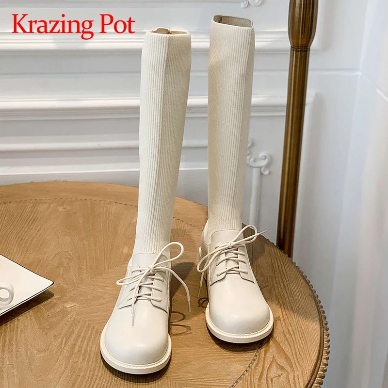 

Krazing pot 2020 real leather round toe med heel knitting boots princess style sweet pretty girls charming knee-high boots L79
