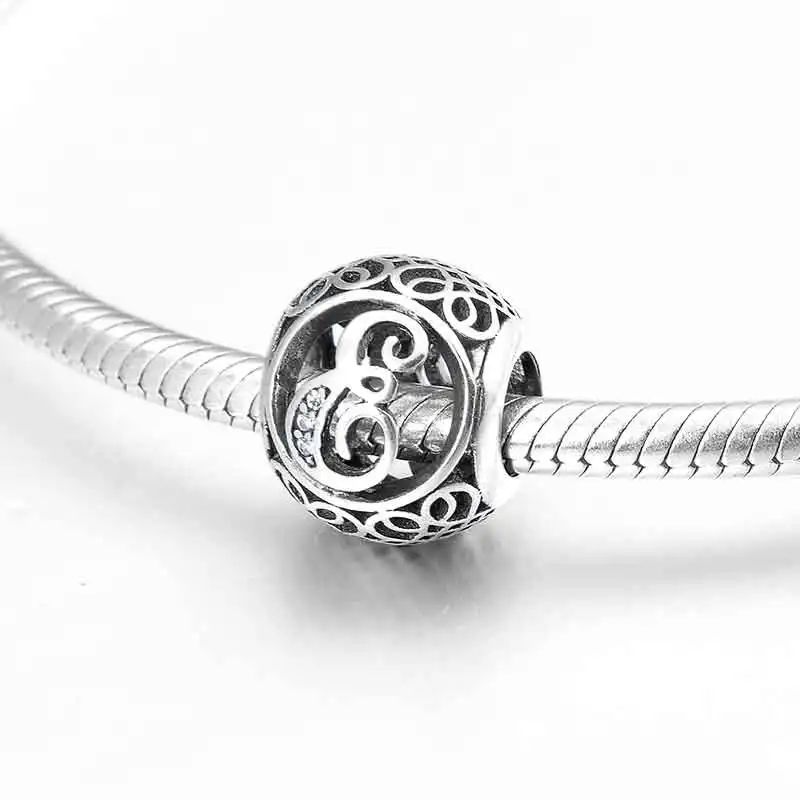 925 пробы серебряные полые бусины буквы от А до Я Модные женские аксессуары подходят к оригинальным Pandora ювелирные изделия с бриллиантами изготовление - Цвет: E