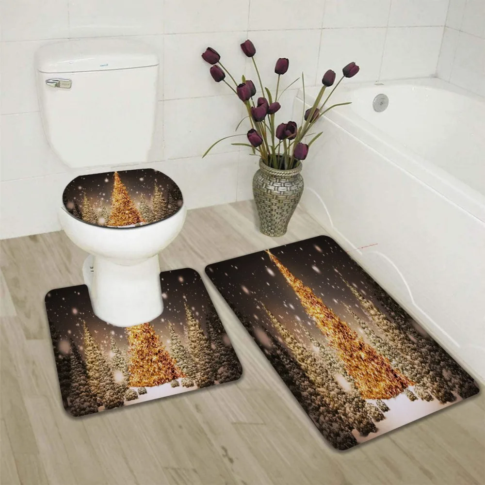 Offerte 3/4 Pezzi Set Di Tende Da Doccia Per Alberi Di Natale Tappeti Di Buon Natale Stampa 3D Tappetino Da Bagno Per Cartoni Animati Set Da Bagno In Poliestere Color Oro