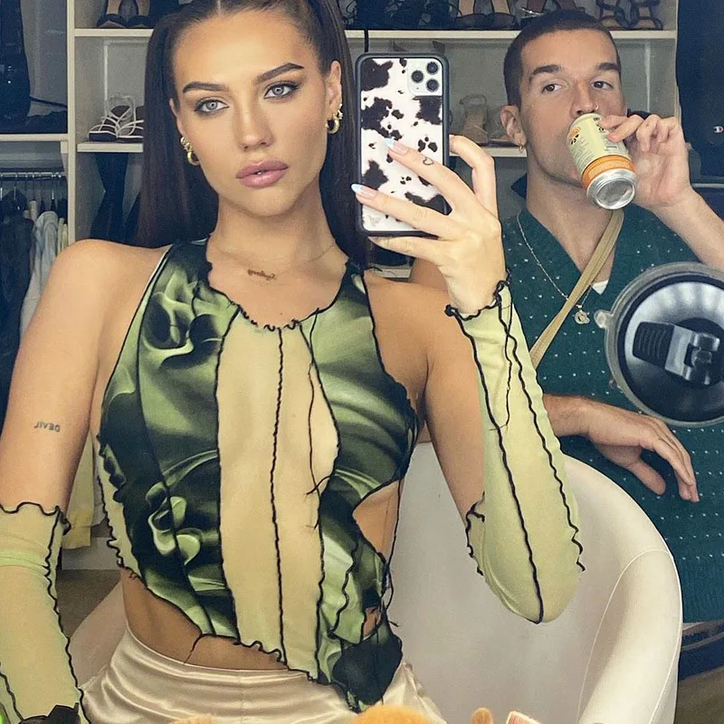 

Off Shoulder Mesh Patchwork Women T Shirt Autumn Print Long Sleeve Sexy Irregular Slim Crop Top Party Club Street Wear Yuqung