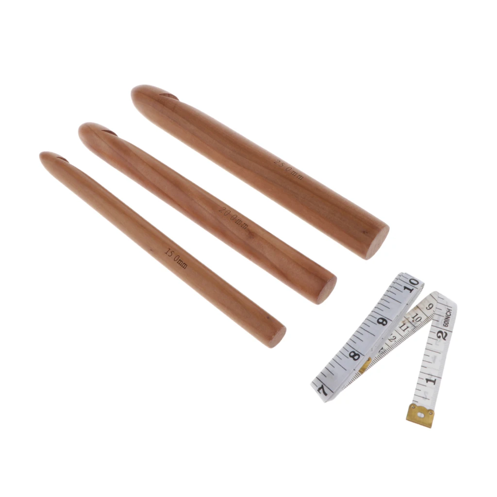 

Prettyia 3pcs Wooden Chunky Crochet Hook Needle with Sewing Soft Tape DIY