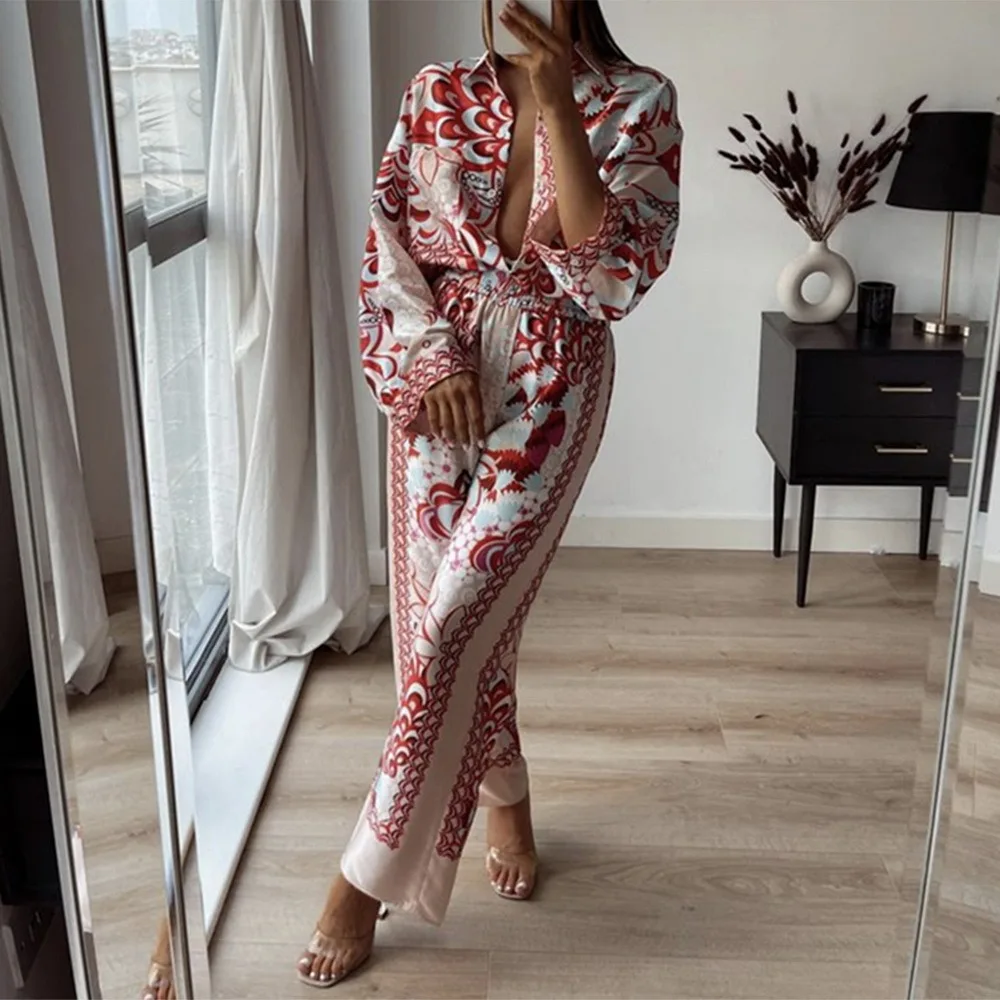 

Women Vintage Totem Floral Print Elastic Waist Casual Wide Leg Pants Retro Female Chic Pocket Summer Long Trousers