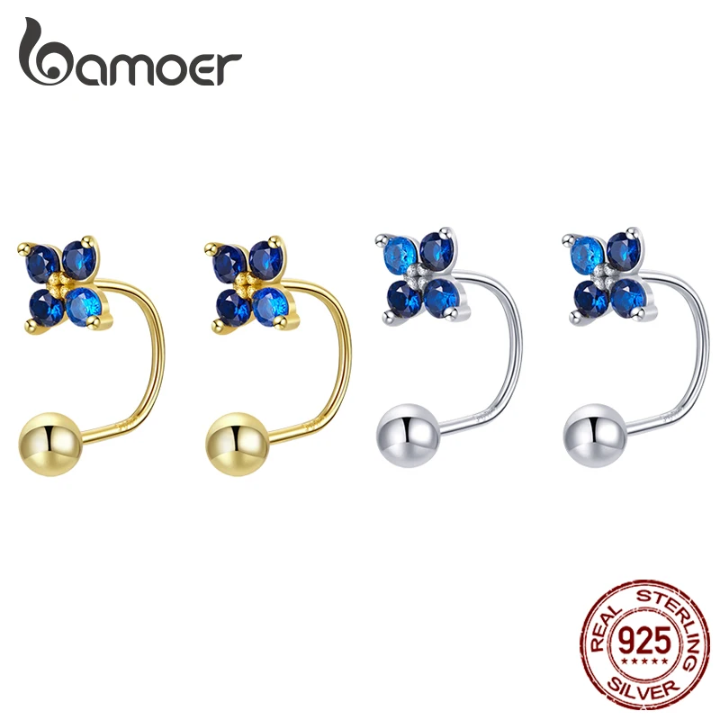 

bamoer Authentic Lucky Clover Blue Crystal Stud Earrings Four Leaf Clover Earrings Hoops for Women Engagement Jewelry SCE1177