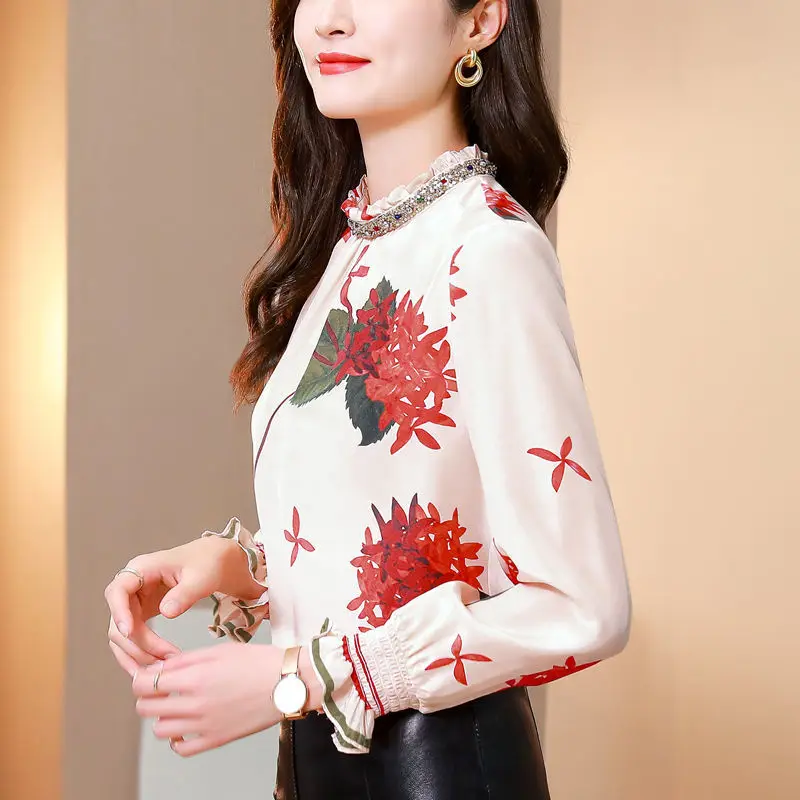 

Retro print beaded fungus chiffon shirt women's spring and autumn 2021 new fashion age reduction shirt belly cover