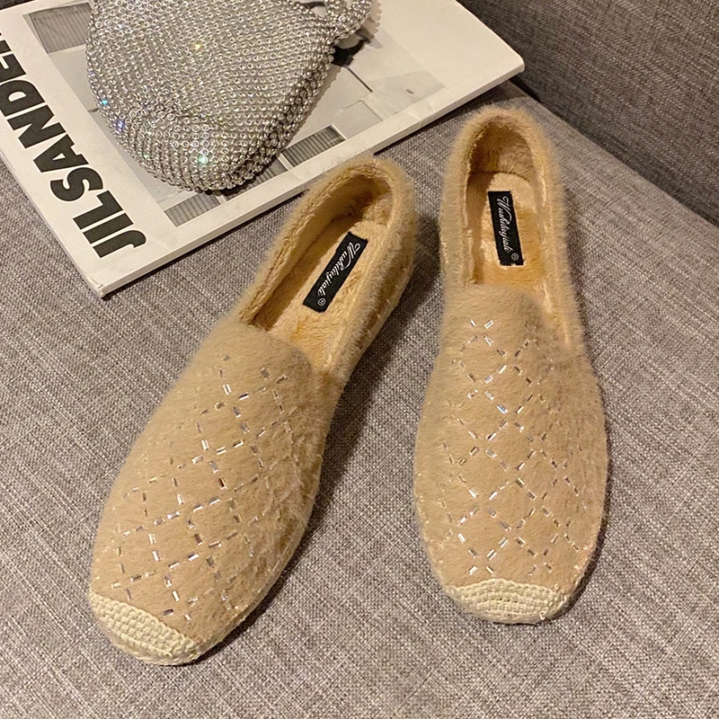 90Beige Fashion Hemp Loafers Women Espadrilles Flats Shoes Sewing Rhinestone Round Toe Ladies Casual Moccasins Slip On Brand Style New - Цвет: 90Beige
