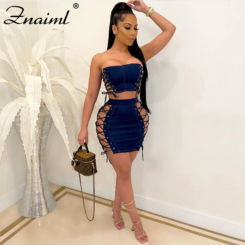 

Znaiml Summer Sexy Bandage Denim Two Piece Sets Women Bodycon Sleeveless Strapless Crop Top and Mini Skirt Set Party Club Outfit