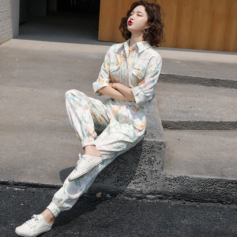 New Autumn  Spring  Women Belt Tunic Print Jumpsuits Female High Waist Harem Trousers Overalls Romper Holiday Long Playsuit