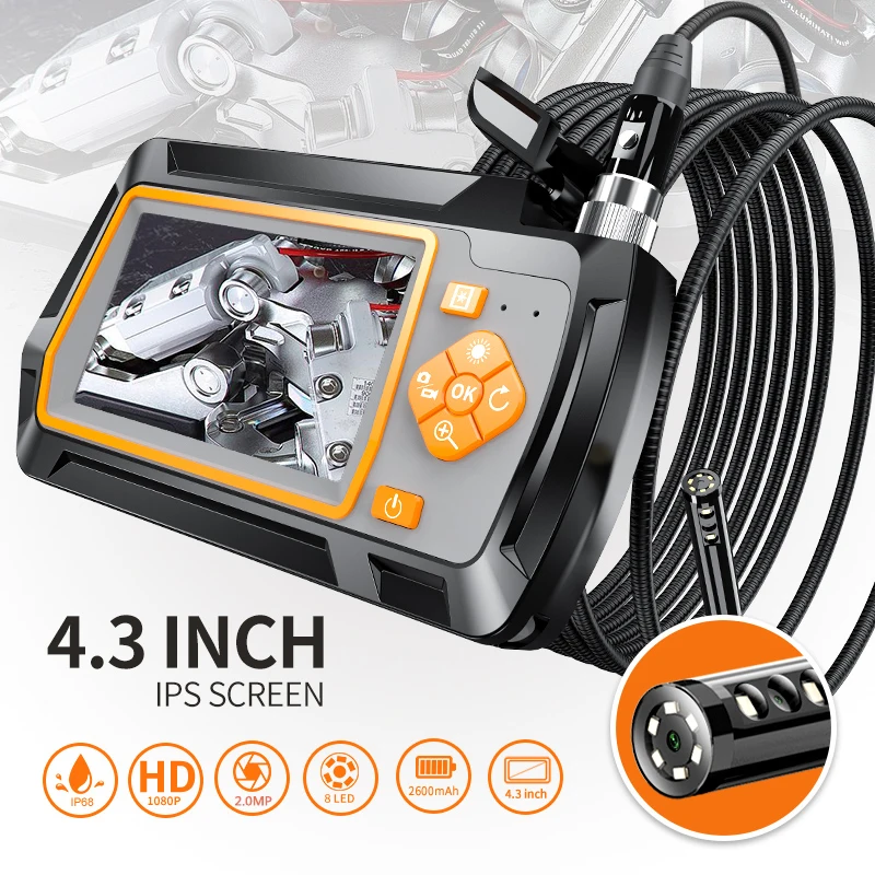 

Эндоскоп с двумя объективами 5,5 мм, двойная камера 1080P HD 4,3 дюйма, Бороскоп с ЖК-дисплеем, Инспекционная камера с светодиодный одами для автом...