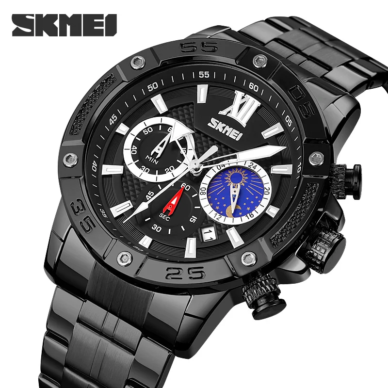 

SKMEI Mens Watches Top Brand Luxury Casual Sports Stopwatch Date Moonphase Quartz Wristwatch Full Steel Clock Relogio Masculino