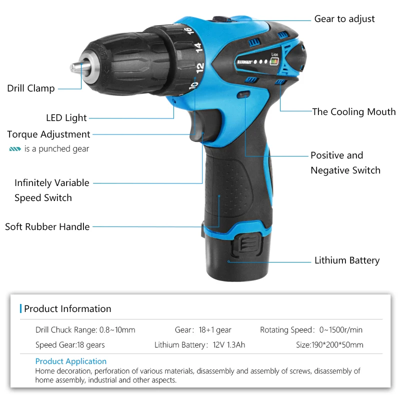 Электрическая дрель аккумуляторная отвертка с двумя литиевыми батареями 12 В