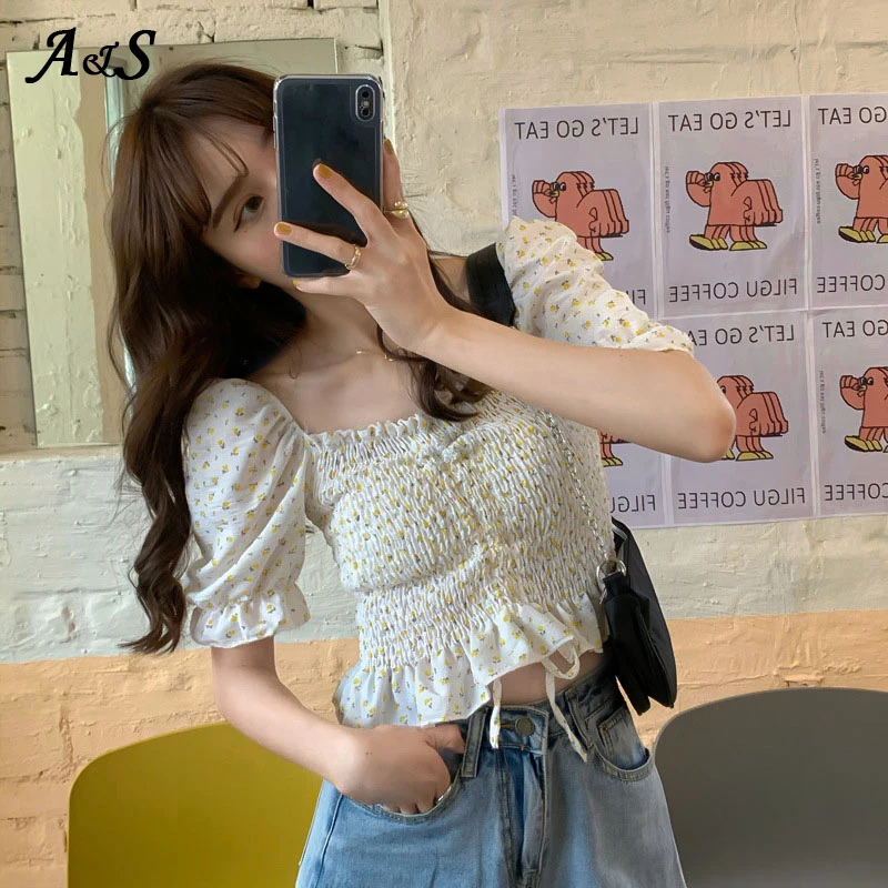 Anbenser Fashion Women Floral Blouse Summer Elasticated Cuff Ruffle Hem Smocked Waist Blouse Short Slim Slimming Retro Blouse