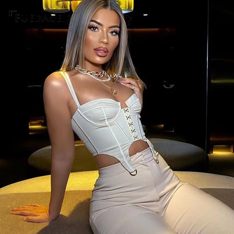 Женский укороченный топ Fuedage клубный облегающий Топ цвета хаки с открытой спиной