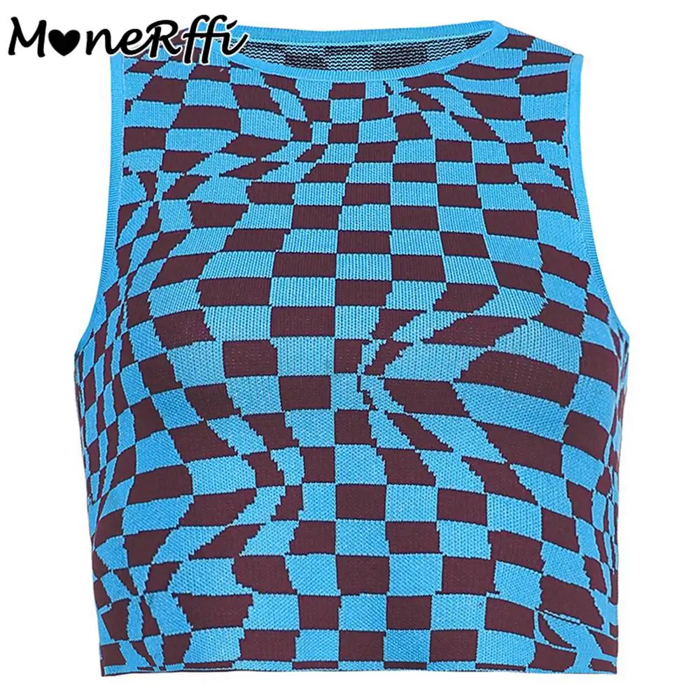 

MoneRffi Checked Crop Top Sleeveless Vest Knitting Summer 2021 Patchwork Y2K Fashion Outfits Streetwear Knit Tank Tops Women