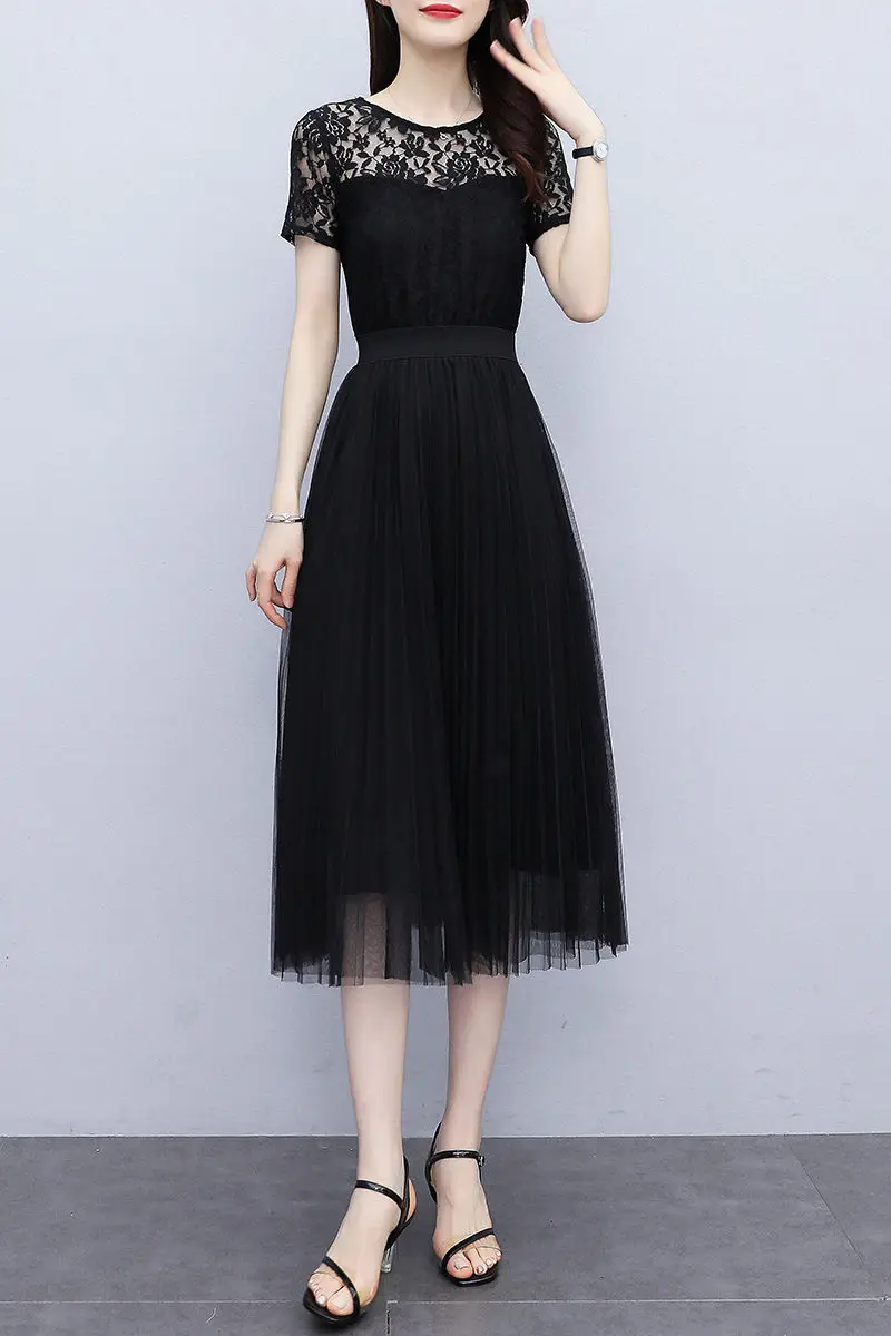 

Plus Size Women's Summer Clothes 2021 New Temperament French Black Popular Mesh Dress Tide Hook Flower Hollow Party Dress zh1501