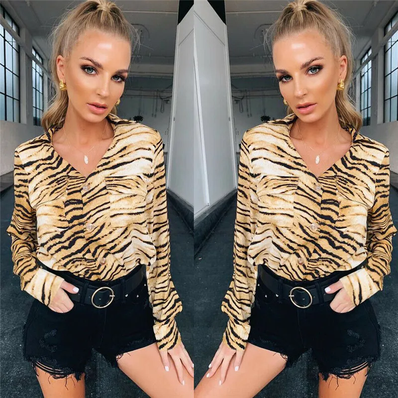 

Women Ladies Animal Print Shirt Tops Ladies Fashion Autumn Spring Long sleeve loose V Neck Casual Blouse OL beach Clothes femme