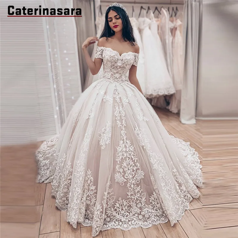 

Champagne Lace Off-the-shoulder Wedding Dress Lace-up Back Court Train Bride Ball Gown