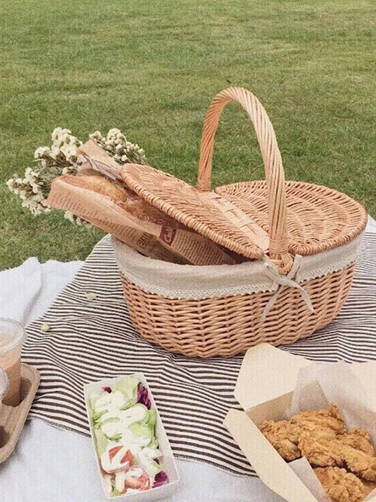 

Picnic Basket Small Basket Ins Supplies Full Set Bamboo Basket Woven Basket Pastoral Picnic Rattan Woven