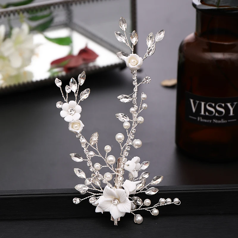 New Silver Color Crystal Barrettes Pearl Rhinestone Flowers Hairgrips For Wedding Bride Women Tiara Hair Clips Accessories | Украшения и