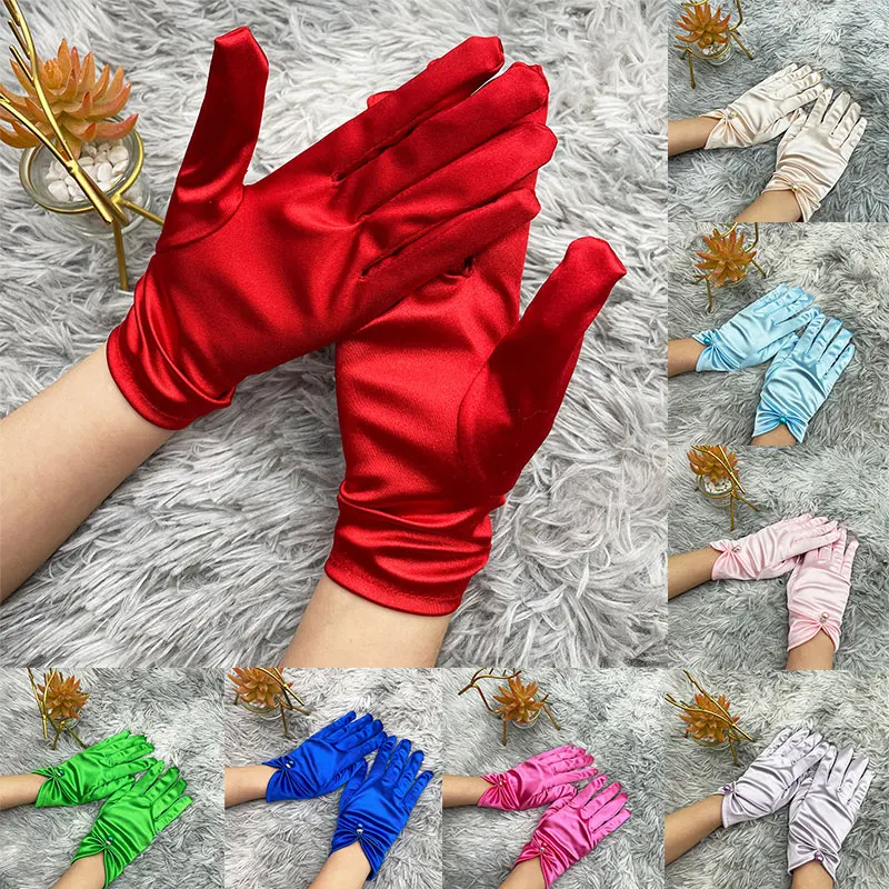 

Women Short Satin Gloves Pearl Decoration Sunscreen Summer Mittens Elastic Thin Gloves Ladies Full Finger Driving Gloves