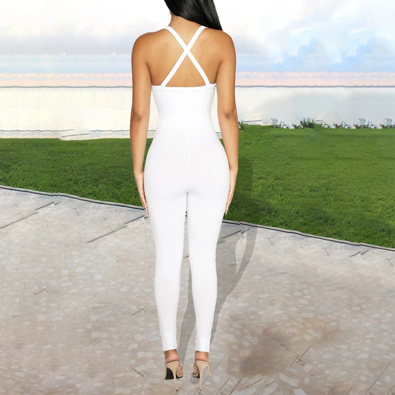 

Rompers 2021 Summer Women Backless Sexy Jumpsuits Bodycon Ladies V-neck Bra Cross Straps Solid Skinny Clubwear Jumpsuit G2798