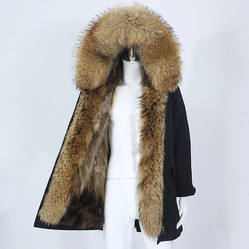 

Мужская длинная парка с капюшоном, черная Водонепроницаемая теплая куртка с воротником из натурального меха енота и лисы, уличная одежда, з...