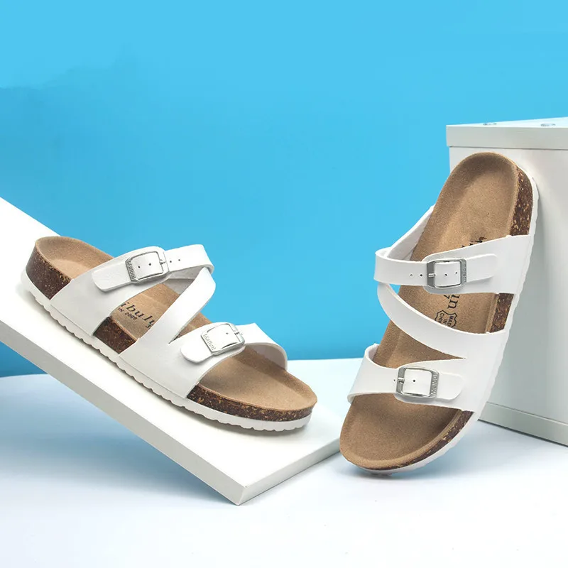 Женские летние пробковые шлепанцы повседневные пляжные с двойной пряжкой