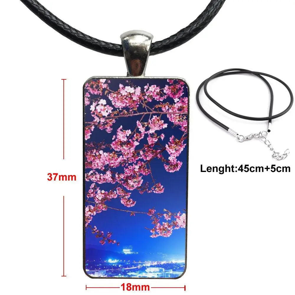 

For Women Men Party Cherry Japan Tokyo Blossoms Painting Glass Cabochon Choker Pendant Rectangle Necklace Steel Color Jewelry