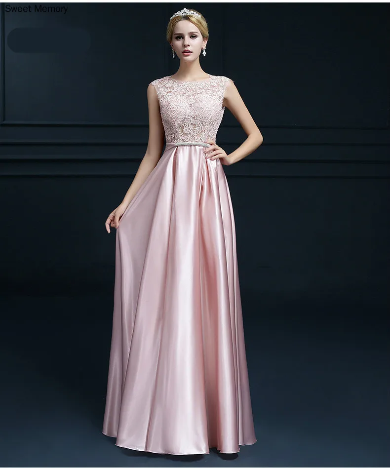 

Sweet Memory Elegant Women Lace Satin Long Prom Dresses Red Gold Royal Blue Gray Wedding Party Robe With Bow Vestidos