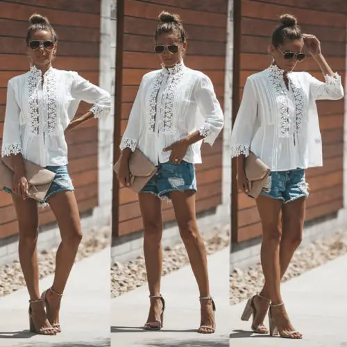 Женская летняя кружевная Повседневная Свободная футболка с коротким рукавом