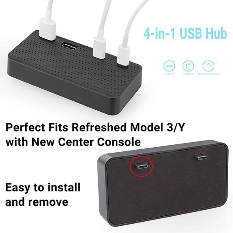

for 2021 Tesla Model 3 Y USB HUB & Central Control Organizer Storage Box, 4-In-1 Splitter Docking Station Car Charger