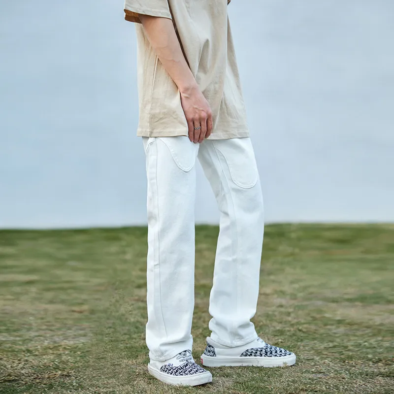 2022 England Style Stylish White Men Baggy Jeans Trousers Ankle Zipper Hip Hop Straight Solid Denim Pants For Teens Ropa Hombre