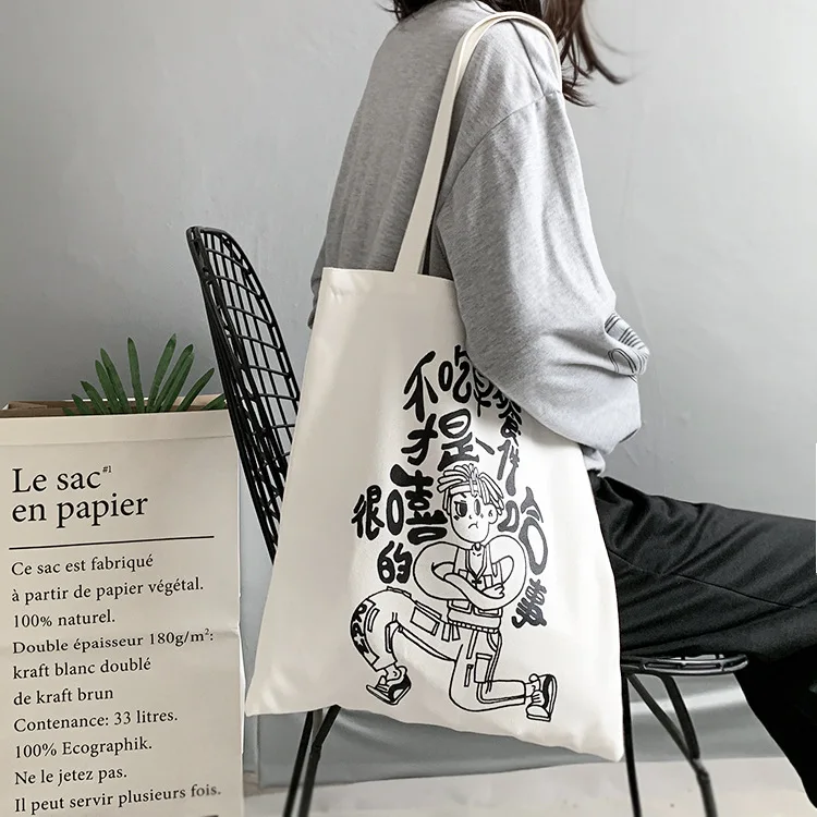 

New Canvas Shopping Bags for Women 2019 Ladies Casual Cartoon Shoulder Bag Shopping Beach Bag Cotton Cloth Female Handbag