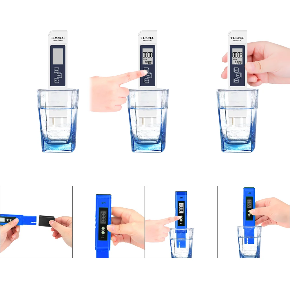 

4 Modes Portable Blue Water Quality Test Pen For FBA 0~60 TDS & EC Meter PH Meter With PH Buffer Powder LCD Digital Display