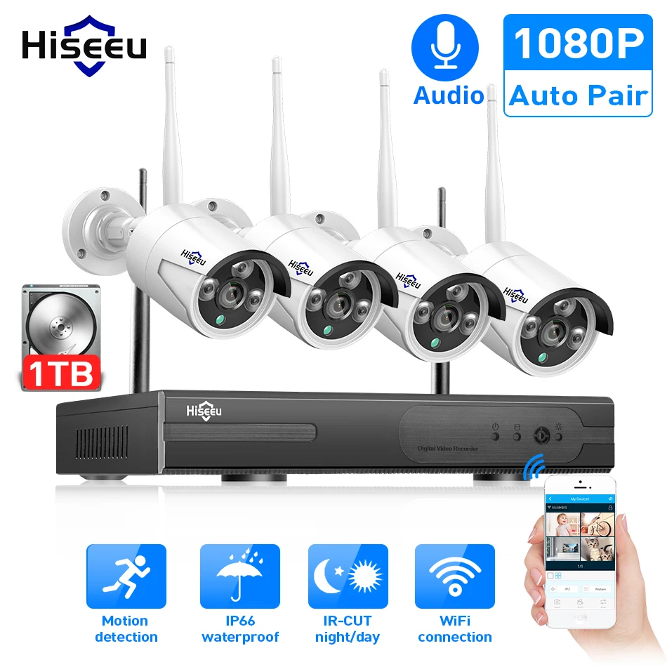 Hiseeu 8CH Беспроводной CCTV Системы 1080P 1 ТБ 4 шт. 2MP NVR POE IP IR-CUT наружного видеонаблюдения Камера IP безопасность Системы системы видеонаблюдения