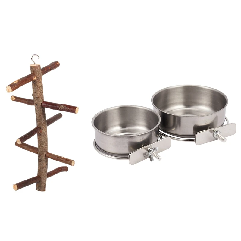 

Bird Perch Natural Wood Bark Rotating Ladder Parrot Cage Stand Toy With 2-Pack Bird Parrot Feeding Cups