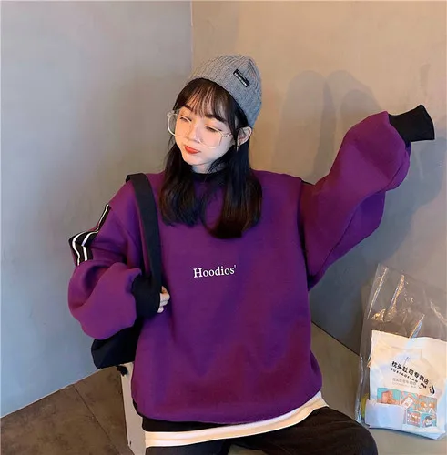Velvet Casual Letter Pinted Striped O-neck Patckwork Halajuku Simple Winter Warm Female Women Long Sleeve Sweatshirts | Женская одежда