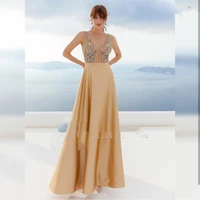 evening dress champagne 2020 sexy v neck spaghetti strap backless floor length satin elegant crystal beaded prom special party