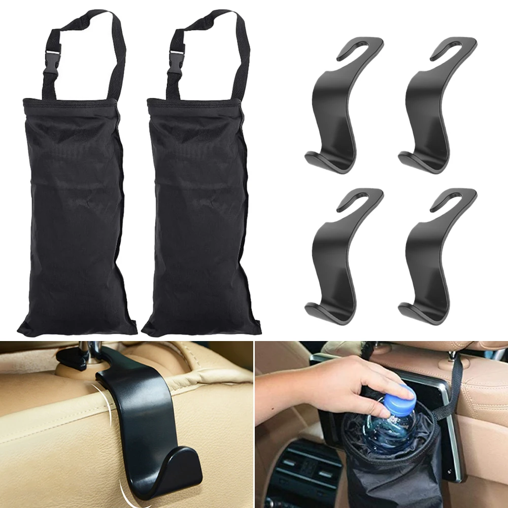

6Pcs Car Trash Bag Seat Back Garbage Bin Washable Oxford Cloth Trash Holder With 4 Headrest Hanger Hook Car Interior Accessories