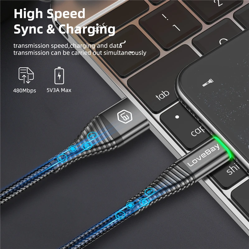 lovebay led 2m micro usb cable 3a qc 3 0 quick charge wire for xiaomi samsung android mobile phone data cable cord fast charging free global shipping