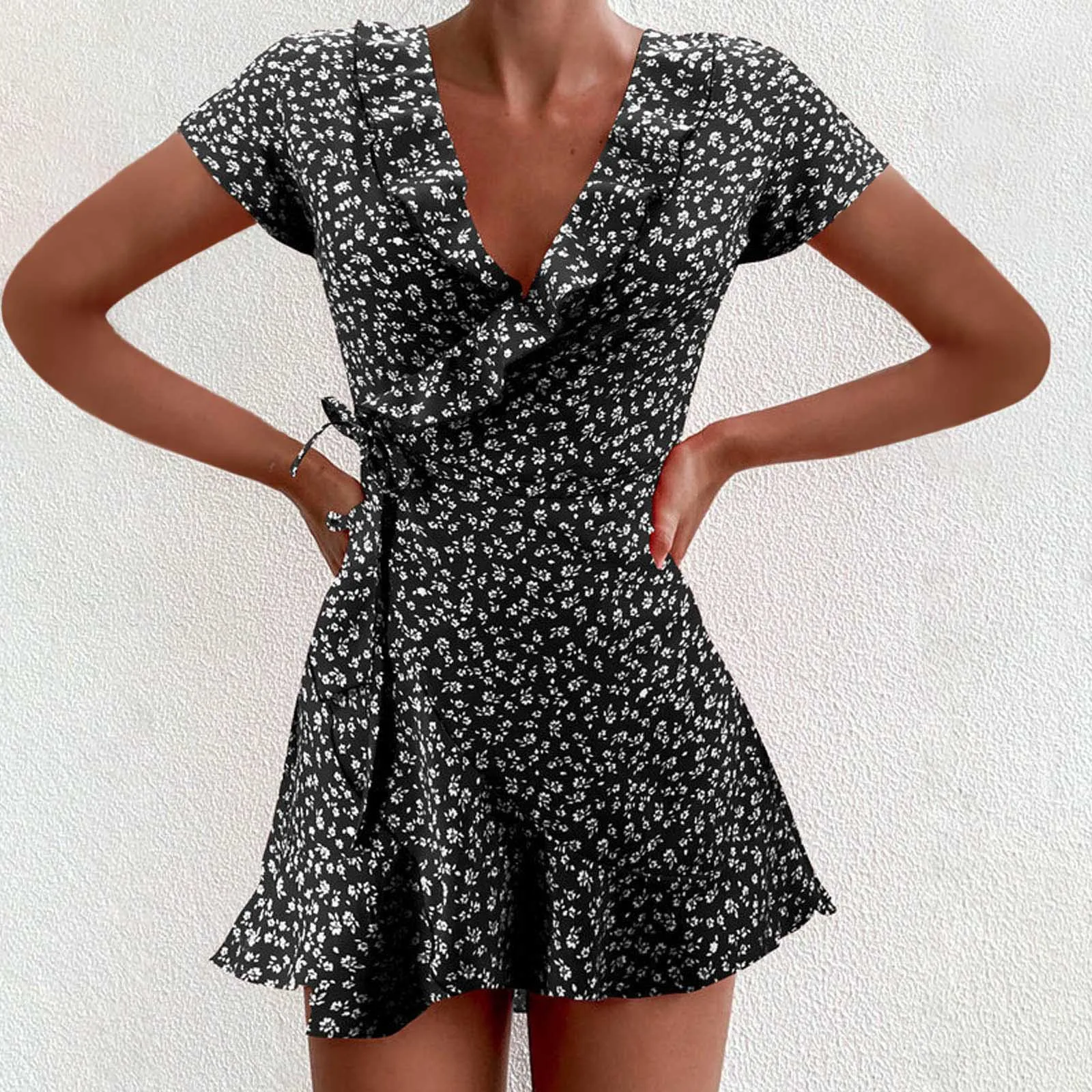 

40# Elegant Ruffle Mini Dress Women Floral Printed Bandage Dress Sexy V-neck Short Sleeve Boho Dress Vintage Chiffon Dresses