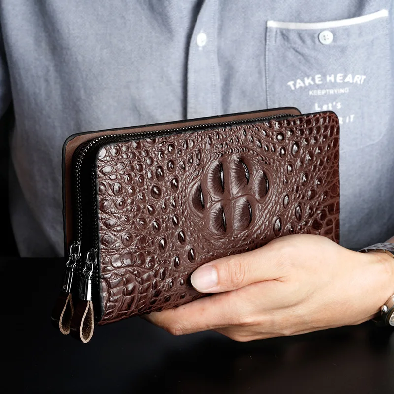 

Роскошный деловой бумажник для мужчин, черный кожаный клатч, двойная молния, кошелек с узором под кожу крокодила, портмоне для мелочи