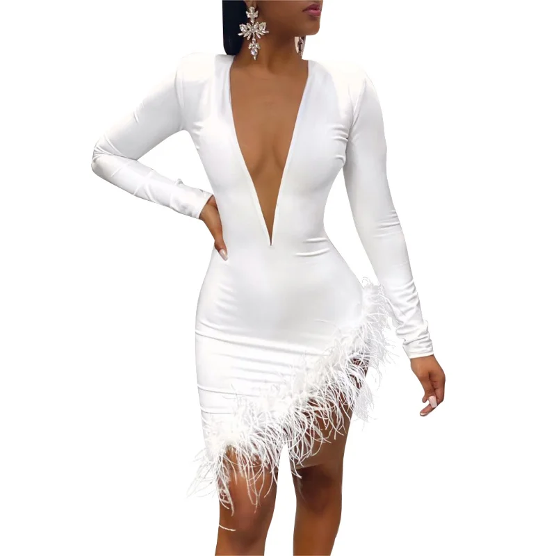 

Feditch Satin Sexy Party Bodycon Dress Elegant Deep V-Neck Hollow Out Long Sleeve Corset Dresses Tassel Slit Valentine Vestido