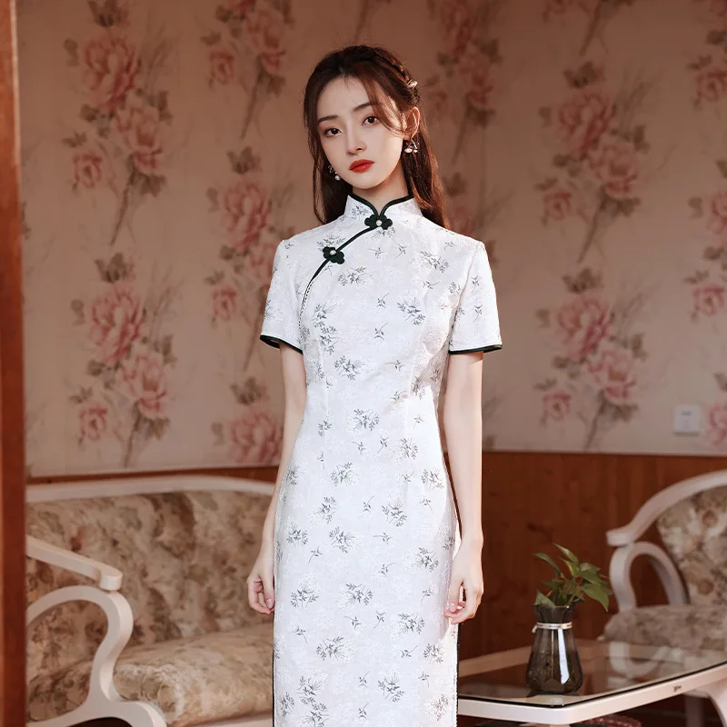 

BALDAUREN Sexy Mid-Length Slim Vintage Qipao Summer New Lady Printing Cheongsam Grace Short Sleeve Party Prom Gown Large Size